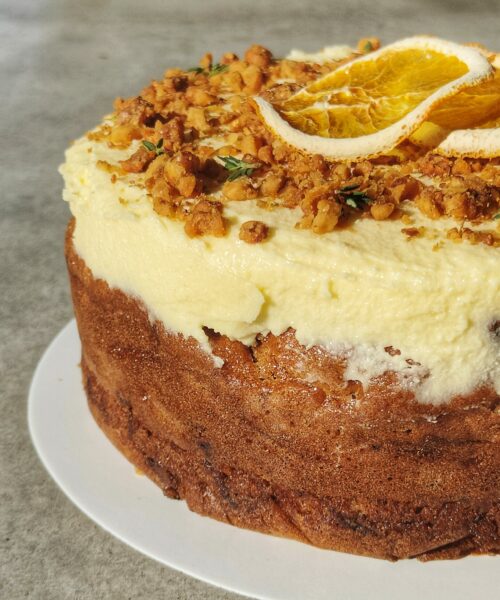 carrot & walnut cake with icing & candied walnut